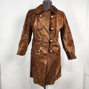 Vintage Brown Leather Cowhide Pony Hair Double Breasted Coat